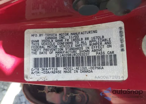 1994 Toyota Corolla Le/Dx из США, поврежденный, VIN 2T1AE09B1RC053237